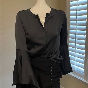 Milly Silk Button Down Shirt Crew Neck Asymmetrical Bell Sleeve Top Blouse NWT 2